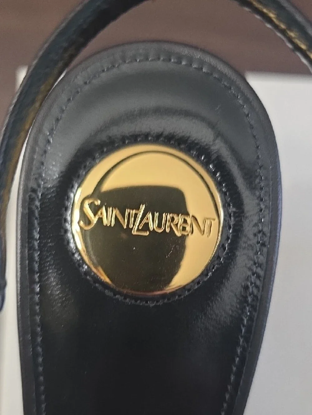 Saint Laurent Black Leather Pointed Slingback Pumps with Gold Accents - Picture 6 of 16